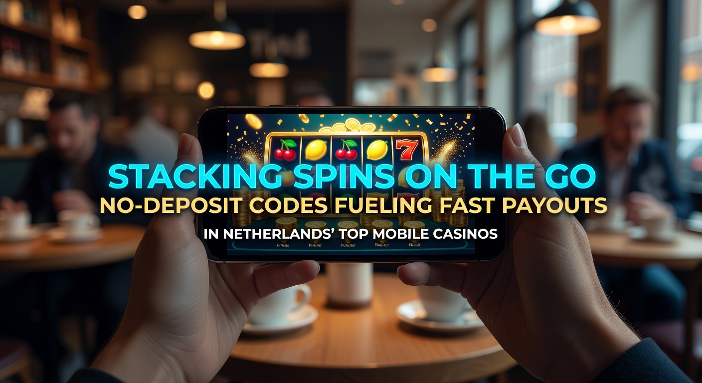 Scherm van een mobiele casino-app met draaiende slots en een no-deposit code-activering, symboliserend snelle spins en uitbetalingen op smartphones in Nederland